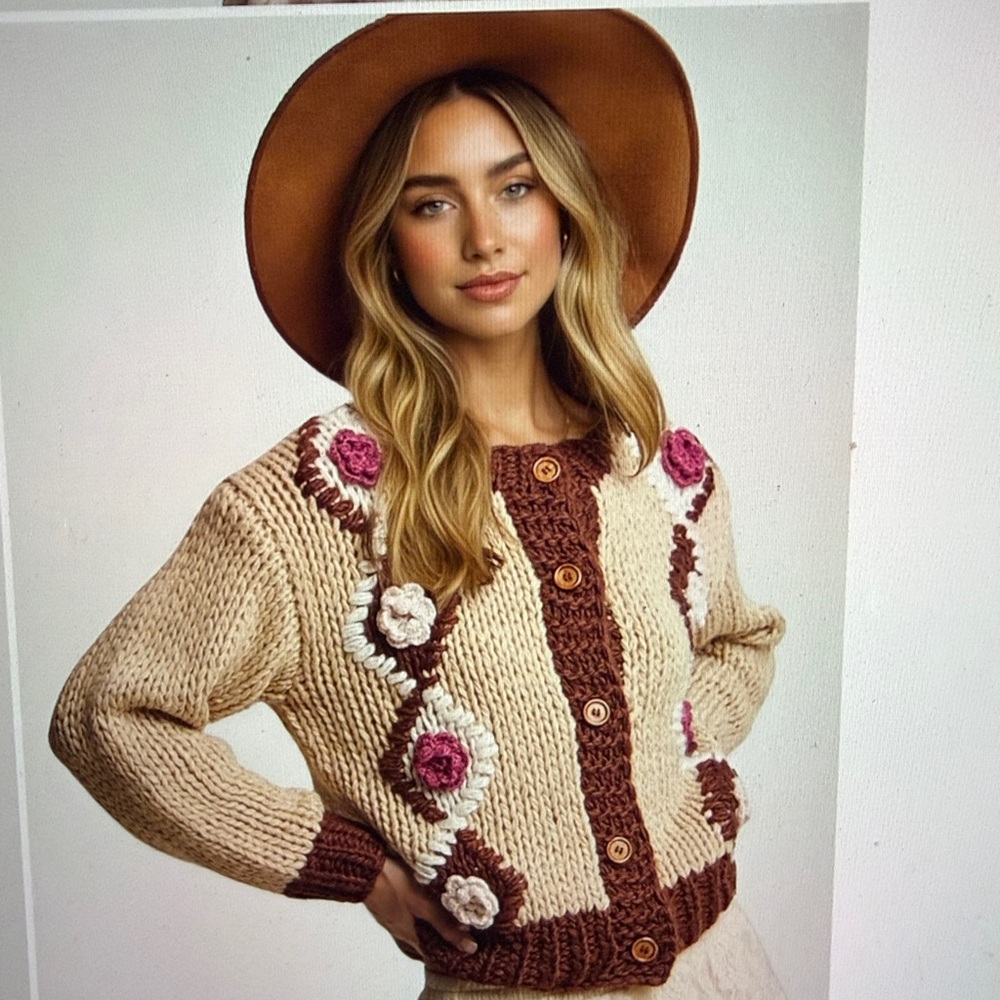 Floral Knit Cardigan Sweater in Cream and Brown